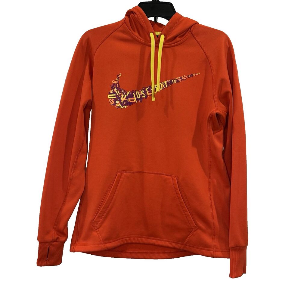 Nike Hoodie Sweatshirt Womens M Therma Fit Orange Red Big Center Swoosh Y2K